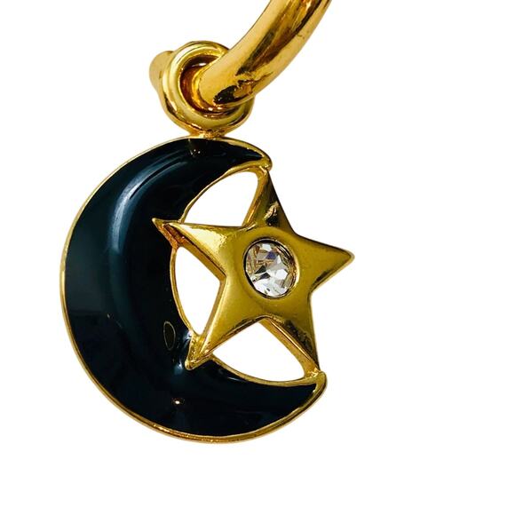 Vintage 80's Earrings Black Half Moon Gold Hoop Dangle Rhinestone Spacecore - Picture 5 of 16